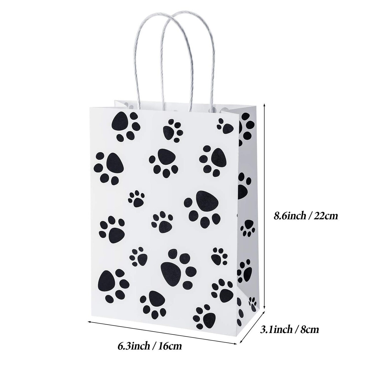20 Pieces Puppy Dog Paw Print Gift Bags with Paper Twist Handles, Dog Gift Bags Paper Paw Print Treat Goodie Bags for PET Treat Party Favor, 6.3 x 3.1 x 8.6 Inch (White Backing)